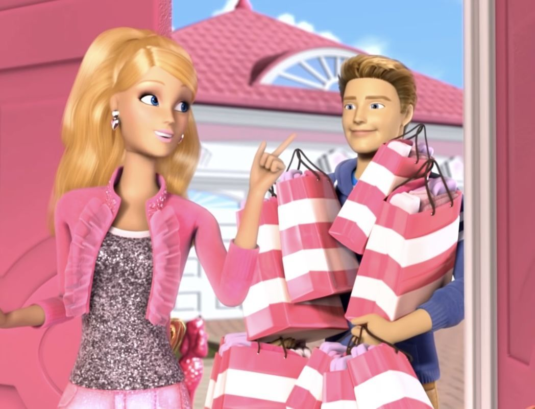 pink animated shopping scene with lots of striped bags