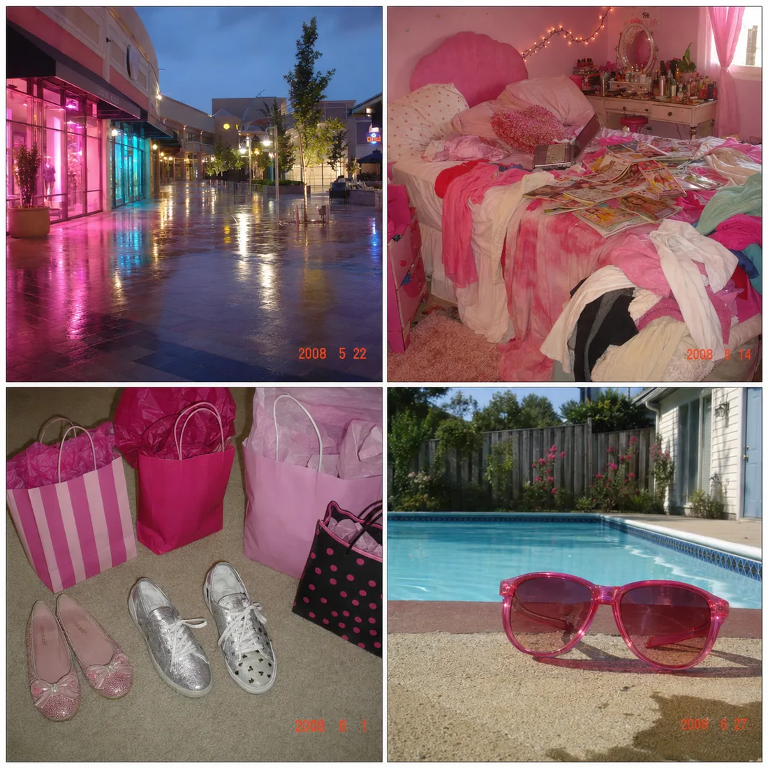 Four late-2000s digital camera photos: a mall, pink bedroom, shopping bags, and a pool